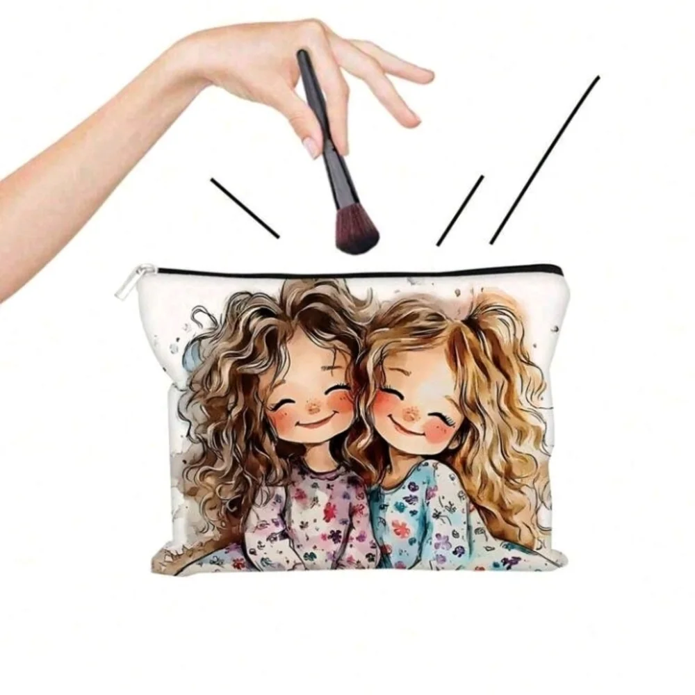 Kawaii Twin Girls Print White Zipper Purse Pouch